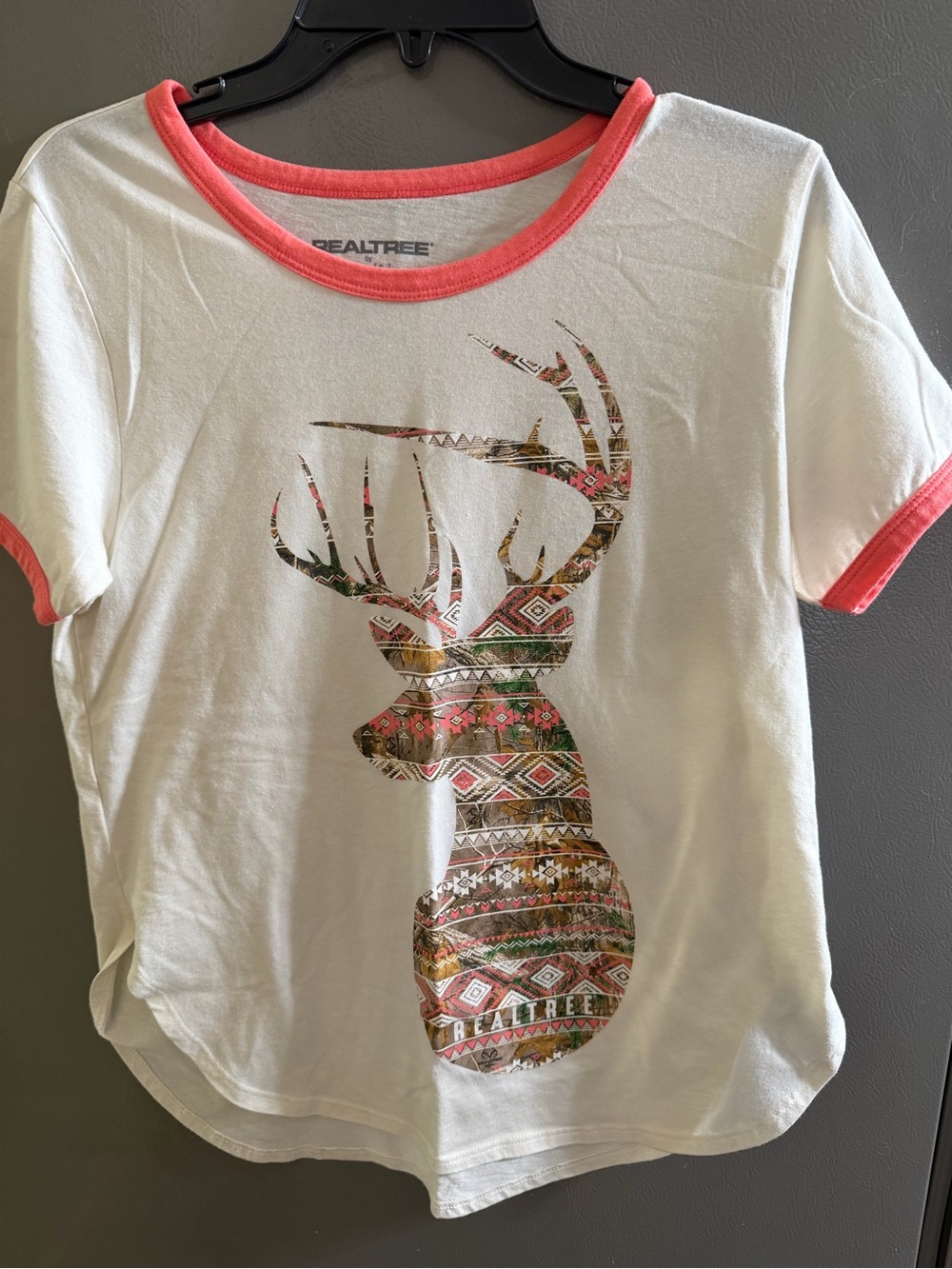 Realtree White Tee with Coral Trim and Aztec Deer Graphic